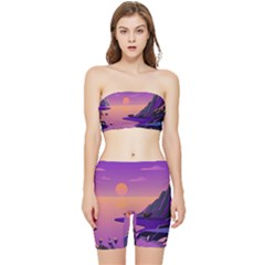 Sunset Sea Ocean Purple Pink Flowers Stone Stretch Shorts And Tube Top Set