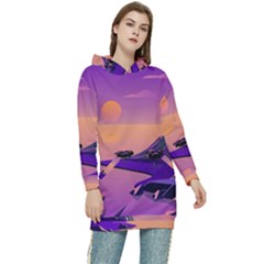 Sunset Sea Ocean Purple Pink Flowers Stone Women s Long Oversized Pullover Hoodie