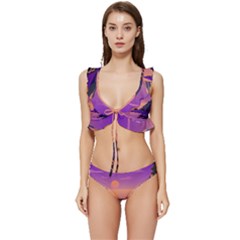 Sunset Sea Ocean Purple Pink Flowers Stone Low Cut Ruffle Edge Bikini Set