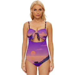 Sunset Sea Ocean Purple Pink Flowers Stone Knot Front One-piece Swimsuit by Jancukart