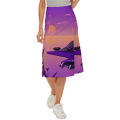 Sunset Sea Ocean Purple Pink Flowers Stone Midi Panel Skirt by Jancukart