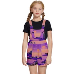 Sunset Sea Ocean Purple Pink Flowers Stone Kids  Short Overalls