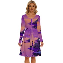 Sunset Sea Ocean Purple Pink Flowers Stone Long Sleeve Dress With Pocket