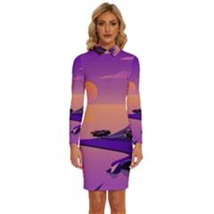 Sunset Sea Ocean Purple Pink Flowers Stone Long Sleeve Shirt Collar Bodycon Dress