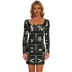 Timeline Character Symbols Alphabet Literacy Read Long Sleeve Square Neck Bodycon Velour Dress