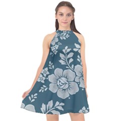 Flowers Design Floral Pattern Stems Plants Halter Neckline Chiffon Dress 