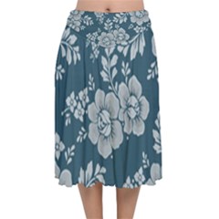 Flowers Design Floral Pattern Stems Plants Velvet Flared Midi Skirt