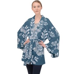 Flowers Design Floral Pattern Stems Plants Long Sleeve Velvet Kimono 