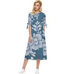 Flowers Design Floral Pattern Stems Plants Bow Sleeve Chiffon Midi Dress