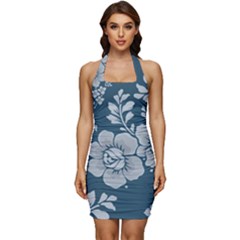 Flowers Design Floral Pattern Stems Plants Sleeveless Wide Square Neckline Ruched Bodycon Dress