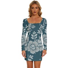 Flowers Design Floral Pattern Stems Plants Long Sleeve Square Neck Bodycon Velour Dress