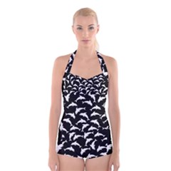 Dolphins Fish Pattern Ocean Sea Fins Aquatic Boyleg Halter Swimsuit 