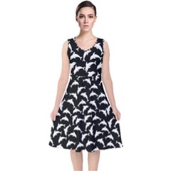 Dolphins Fish Pattern Ocean Sea Fins Aquatic V-neck Midi Sleeveless Dress 