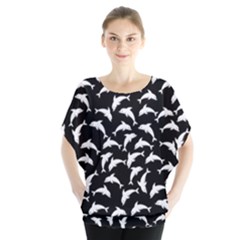 Dolphins Fish Pattern Ocean Sea Fins Aquatic Batwing Chiffon Blouse