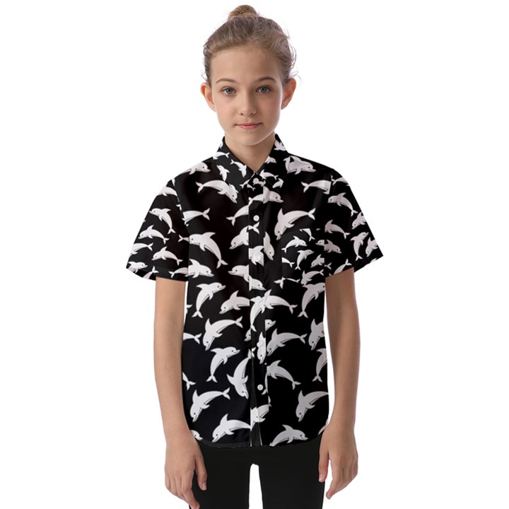 Dolphins Fish Pattern Ocean Sea Fins Aquatic Kids  Short Sleeve Shirt