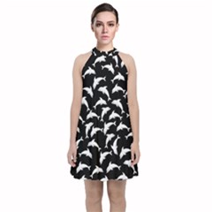 Dolphins Fish Pattern Ocean Sea Fins Aquatic Velvet Halter Neckline Dress 