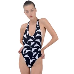 Dolphins Fish Pattern Ocean Sea Fins Aquatic Backless Halter One Piece Swimsuit