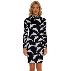 Dolphins Fish Pattern Ocean Sea Fins Aquatic Long Sleeve Shirt Collar Bodycon Dress