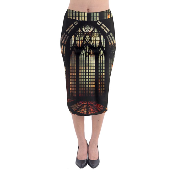 Stained Glass Window Gothic Haunted Eerie Midi Pencil Skirt