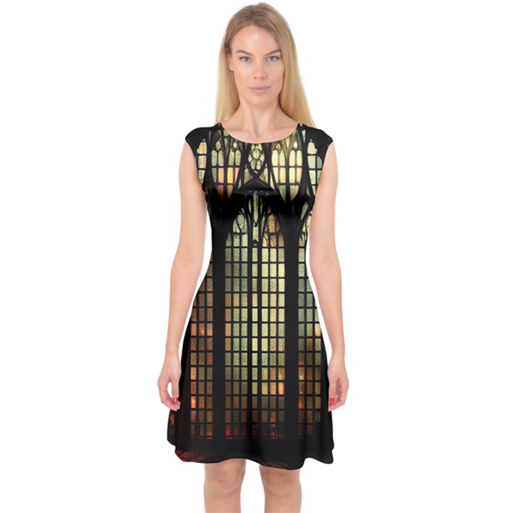 Stained Glass Window Gothic Haunted Eerie Capsleeve Midi Dress