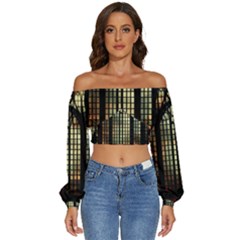 Stained Glass Window Gothic Haunted Eerie Long Sleeve Crinkled Weave Crop Top