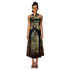 Stained Glass Window Gothic Haunted Eerie Sleeveless Cross Front Cocktail Midi Chiffon Dress