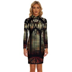 Stained Glass Window Gothic Haunted Eerie Long Sleeve Shirt Collar Bodycon Dress