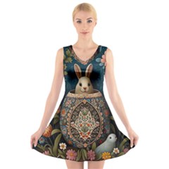 Easter Bunny Rabbit Flowers Easter Happy Easter V-neck Sleeveless Dress