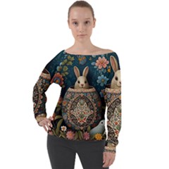 Easter Bunny Rabbit Flowers Easter Happy Easter Off Shoulder Long Sleeve Velour Top