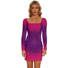 Geometric Pattern Line Art Kaleidoscope Symmetry Long Sleeve Square Neck Bodycon Velour Dress