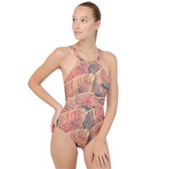 Leaves Pattern Abstract Circles Dots Ornament High Neck One Piece Swimsuit