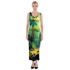 Jungle Rainforest Tropical Forest Jungle Scene Fitted Maxi Dress by Jancukart