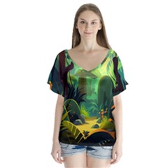 Jungle Rainforest Tropical Forest Jungle Scene V-neck Flutter Sleeve Top