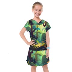 Jungle Rainforest Tropical Forest Jungle Scene Kids  Drop Waist Dress