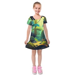 Jungle Rainforest Tropical Forest Jungle Scene Kids  Short Sleeve Velvet Dress