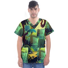 Jungle Rainforest Tropical Forest Jungle Scene Men s V-neck Scrub Top