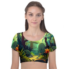 Jungle Rainforest Tropical Forest Jungle Scene Velvet Short Sleeve Crop Top 