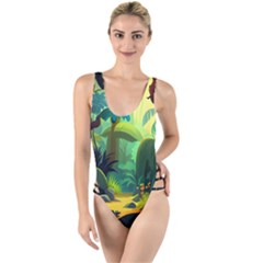 Jungle Rainforest Tropical Forest Jungle Scene High Leg Strappy Swimsuit