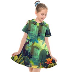 Jungle Rainforest Tropical Forest Jungle Scene Kids  Short Sleeve Shirt Dress