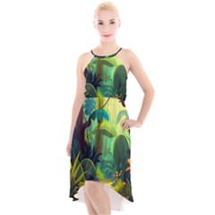 Jungle Rainforest Tropical Forest Jungle Scene High-low Halter Chiffon Dress  by Jancukart