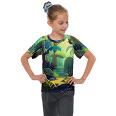 Jungle Rainforest Tropical Forest Jungle Scene Kids  Mesh Piece Tee