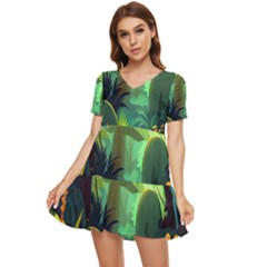 Jungle Rainforest Tropical Forest Jungle Scene Tiered Short Sleeve Babydoll Dress