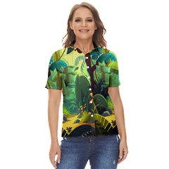 Jungle Rainforest Tropical Forest Jungle Scene Women s Short Sleeve Double Pocket Shirt