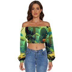 Jungle Rainforest Tropical Forest Jungle Scene Long Sleeve Crinkled Weave Crop Top