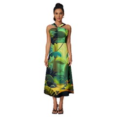 Jungle Rainforest Tropical Forest Jungle Scene Sleeveless Cross Front Cocktail Midi Chiffon Dress by Jancukart