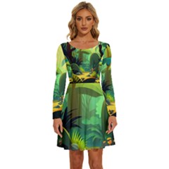 Jungle Rainforest Tropical Forest Jungle Scene Long Sleeve Wide Neck Velour Dress