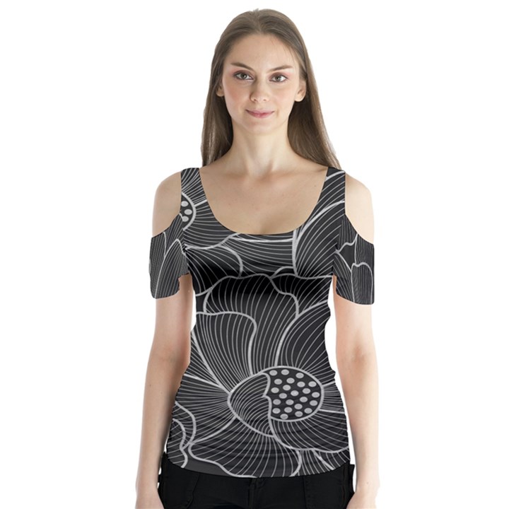 Flower Pattern Background Floral Beautiful Bloom Butterfly Sleeve Cutout Tee 