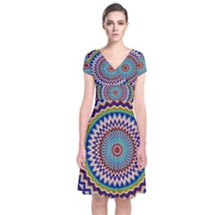 Kaleidoscope Geometric Circles Mandala Pattern Short Sleeve Front Wrap Dress