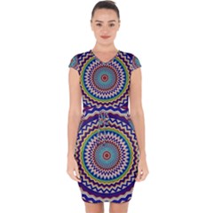 Kaleidoscope Geometric Circles Mandala Pattern Capsleeve Drawstring Dress 