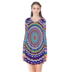 Kaleidoscope Geometric Circles Mandala Pattern Long Sleeve V-neck Flare Dress